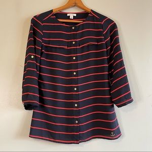Nautica Shirt Navy and Red Stripes Roll up Sleeves Sz M